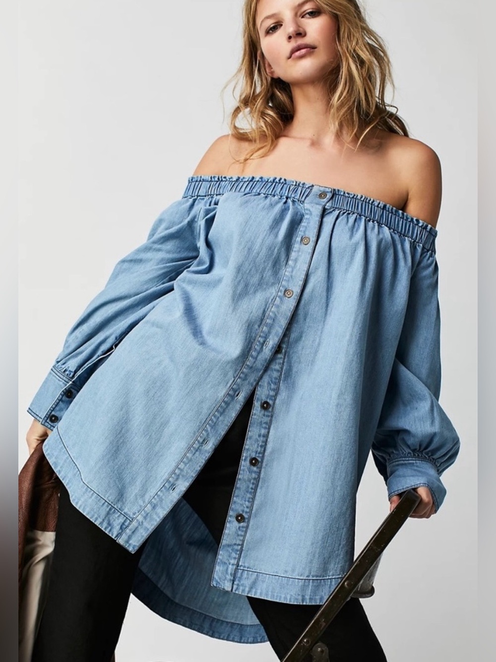 Free People Tigerlily Tunic Top XS Chambray Off Shoulder Oversized Boho